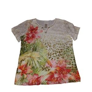 Alfred Dunner Womens Small Tropical Floral Leopard Lace Studded V-Neck Top White